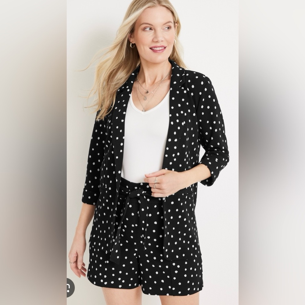 Maurices Black and White Polka Dot Blazer Open Front with  belted shorts